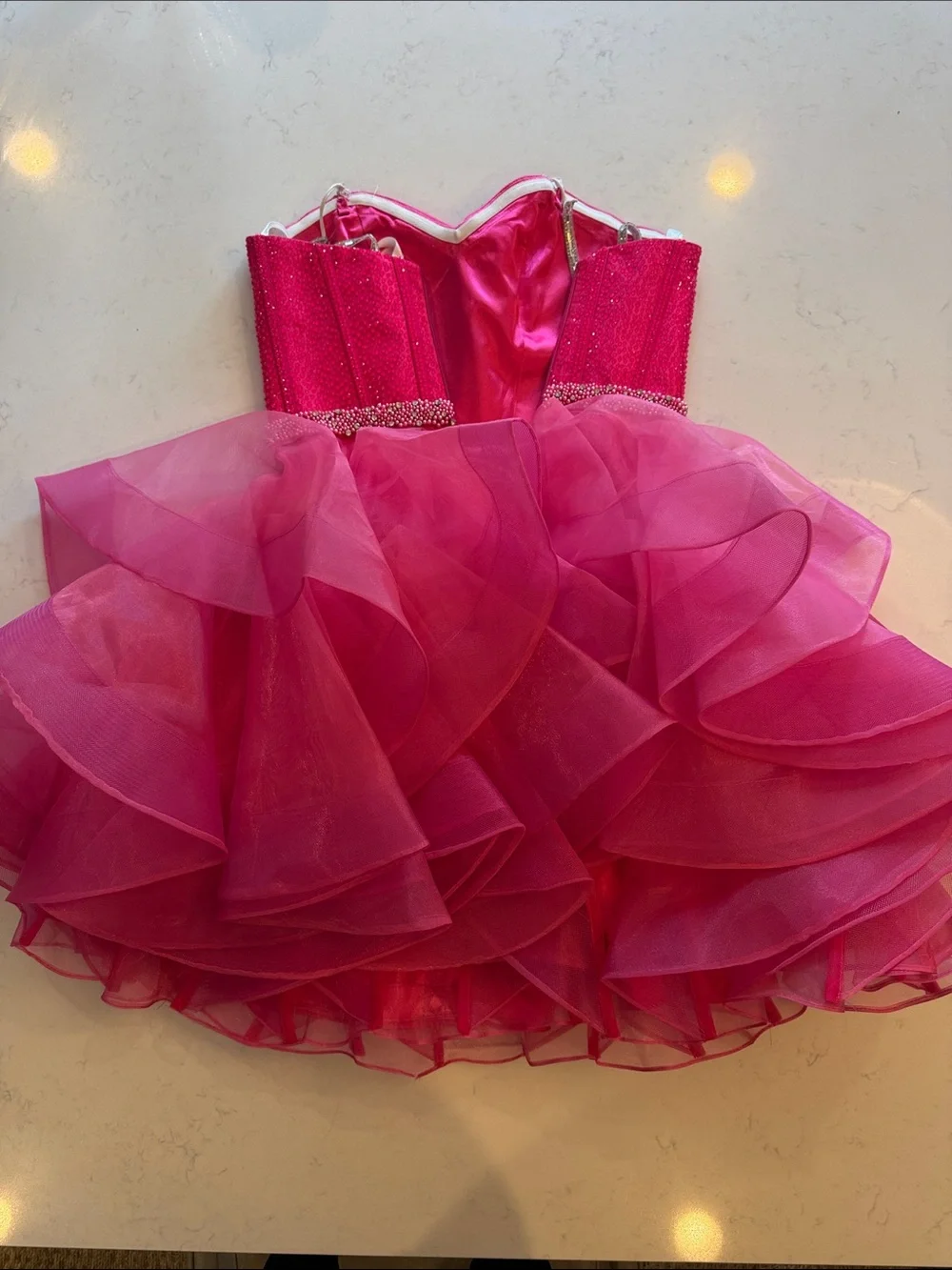 Jovani Girls Hot Pink Strapless Ruffle Party Dress with Beaded Waistband